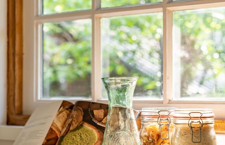 Kitchen window overlooking the green surroundings of Cottage in Meijel.