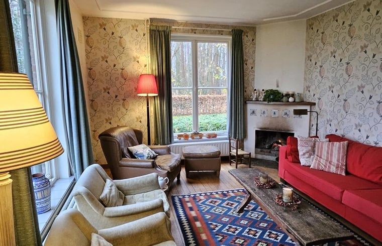 Gemuetliches Wohnzimmer im Ferienhaus in Geijsteren, Nord-Limburg, mit bequemen Sitzgelegenheiten und Kamin.
