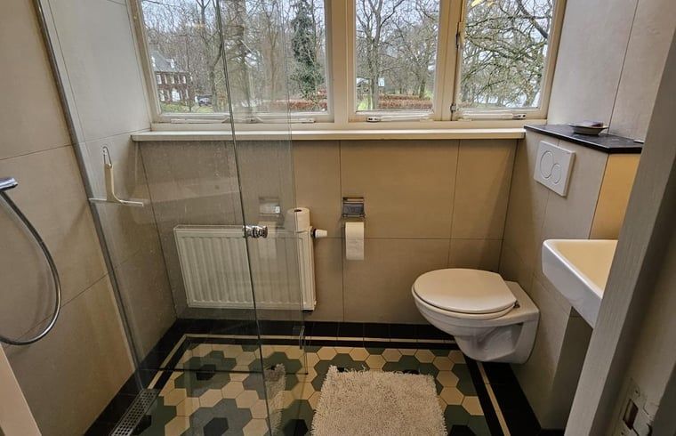Stilvolles Badezimmer in einem Ferienhaus in Geijsteren, Nord-Limburg, mit modernen Annehmlichkeiten und Aussicht.