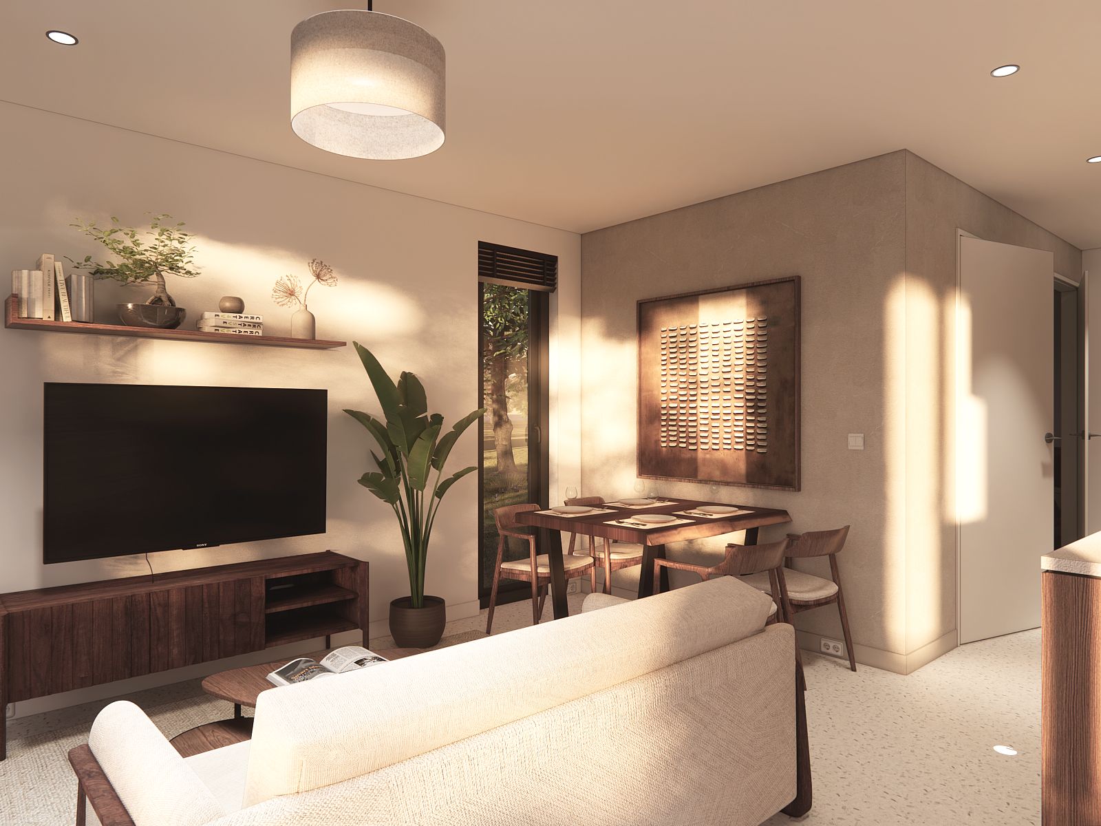 Moderne woonkamer in Chalet in Belfeld, Noord Limburg. Stijlvolle binnenruimte met houten accenten en veel natuurlijk licht.