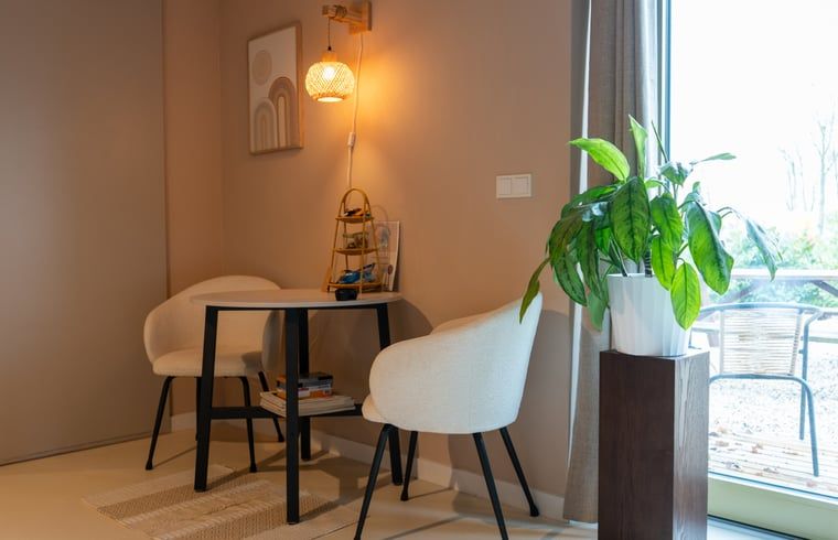 Cozy reading corner in the attic of Holiday Home in America, North Limburg, with bookshelf and ottoman.