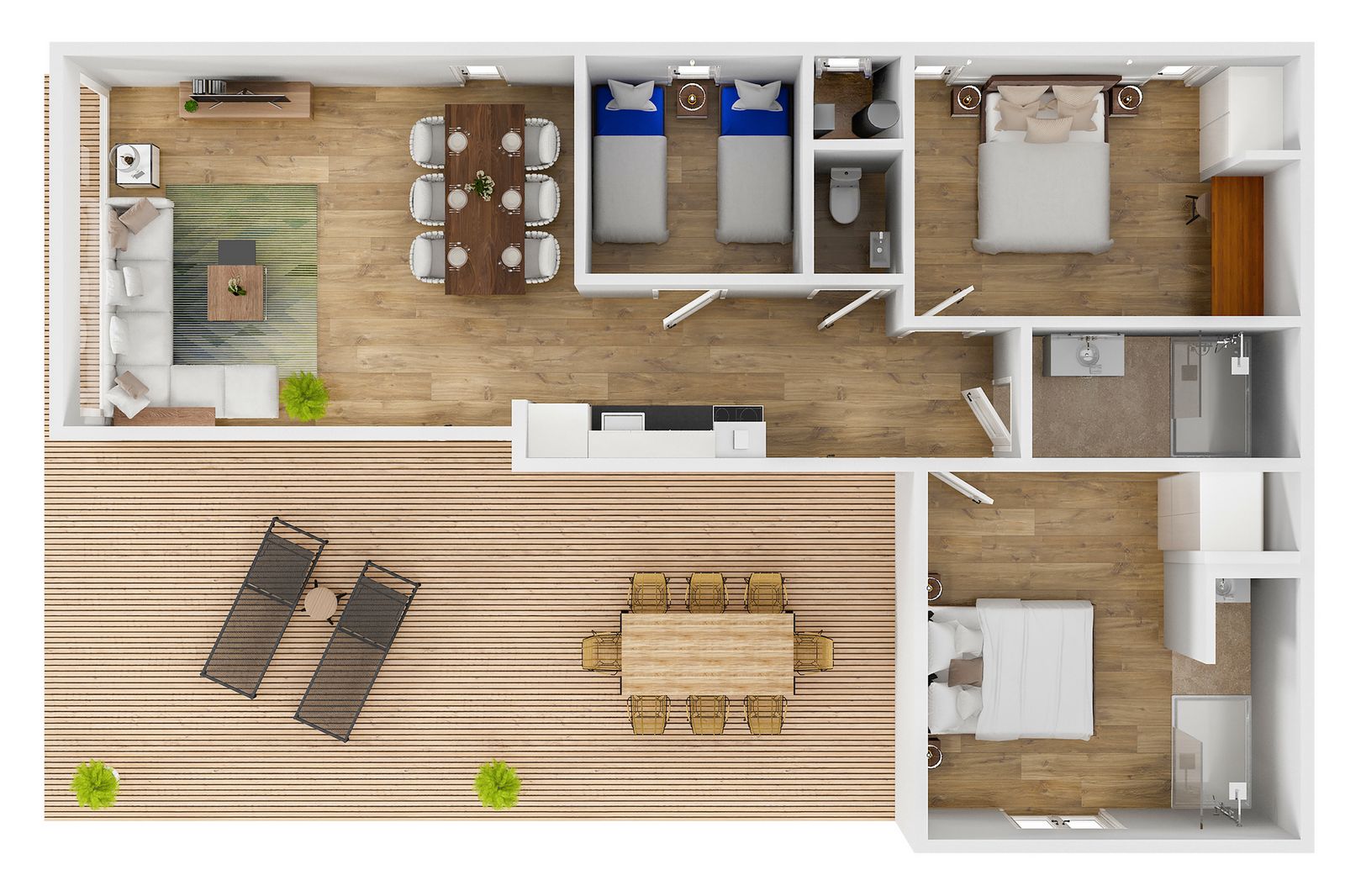 Plattegrond van Bos Cottage in Maasbree, Noord Limburg, vakantiehuis voor 6 personen met ruime indeling en terras.