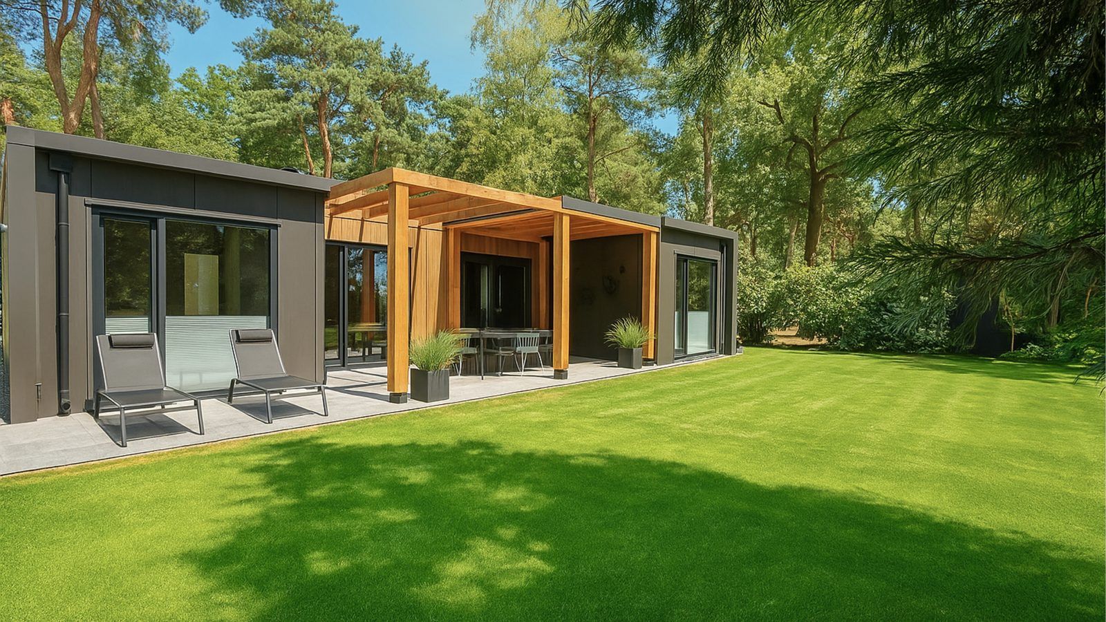 Geniet van de serene Bos Lodge in Maasbree, Noord Limburg, met een ruim terras en groene omgeving voor acht personen.