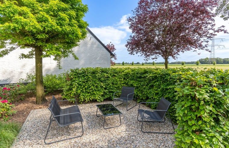 Hinterhof von Huisje in Merselo, Ferienhaus in Nord-Limburg mit gruener Oase.