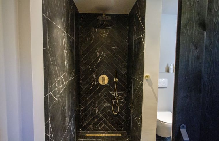 Luxe badkamer in Vakantiehuis in Griendtsveen, Noord Limburg. Stijlvolle douche met moderne afwerking voor ultiem comfort.