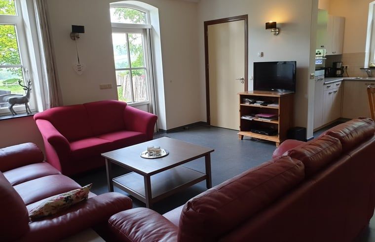 Gezellige woonkamer in Vakantiehuis in Mechelen, Zuid Limburg met comfortabele banken en uitzicht op de groene omgeving.