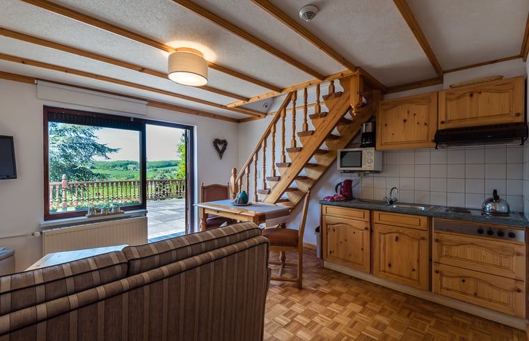 Gezellige woonkamer in Vakantiehuisje in Mechelen, Zuid Limburg, met houten interieur en uitzicht op de groene omgeving vanaf het terras.