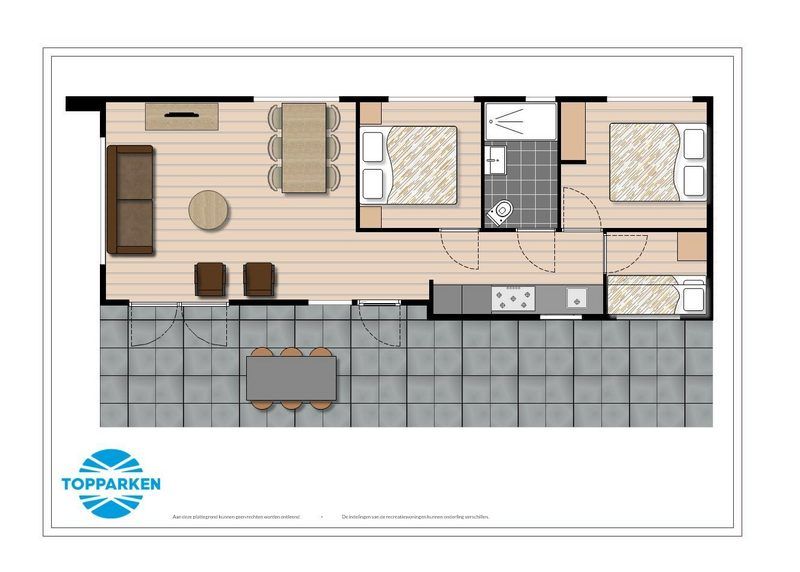 Floor plan of Module 6 persons vacation home in Schin op Geul, South Limburg shows the layout of the rooms and terrace.