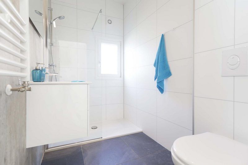 Modern bathroom in Module 6 persons vacation home Schin op Geul, South Limburg with shower, sink and toilet.