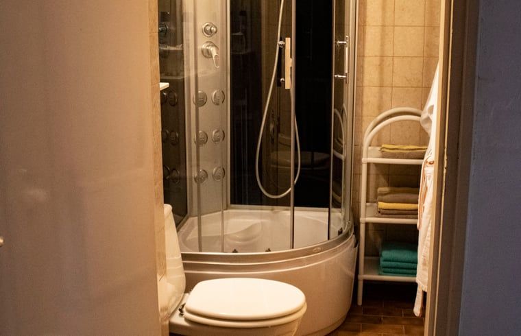 Modern bathroom with shower cabin in Cottage in Valkenburg, vacation home in South Limburg.