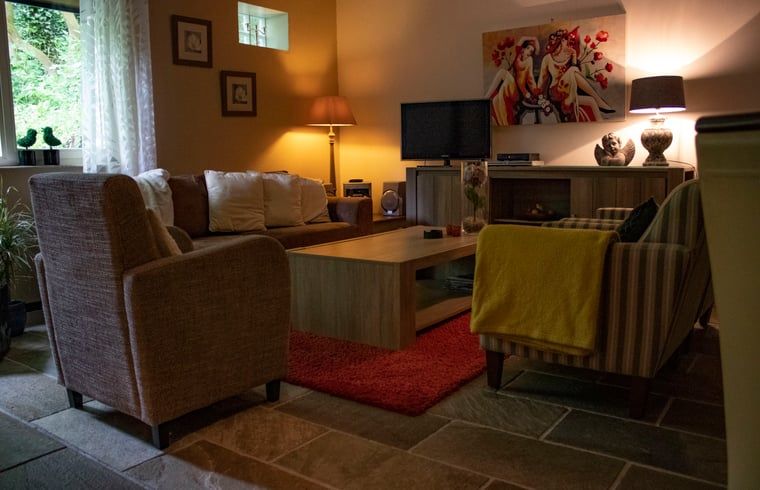 Cozy reading corner in the living room of Huisje in Valkenburg, vacation home in South Limburg.