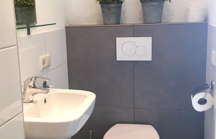 Stijlvolle badkamer met planten in Vakantiehuis in Scheulder, Zuid Limburg.