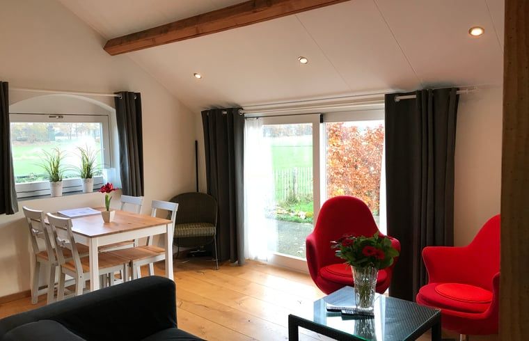 Gezellige woonkamer in Huisje in Baarle-Nassau, vakantiehuis in Noord Brabant, met veel natuurlijk licht.
