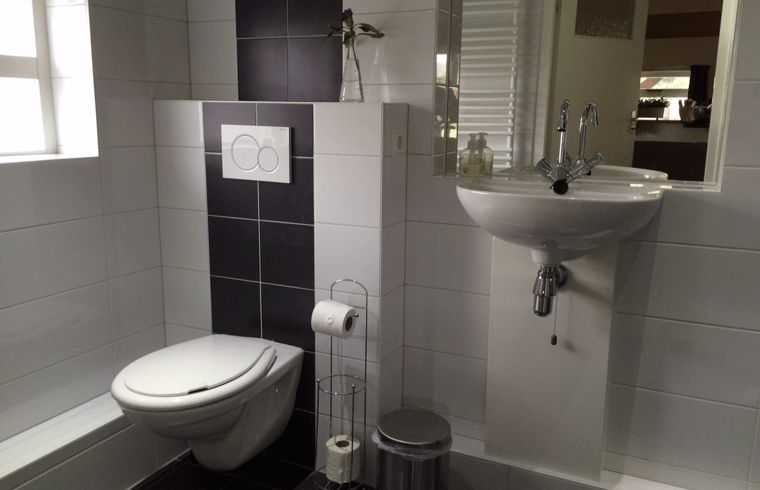 Moderne badkamer in Huisje in Baarle-Nassau, vakantiewoning in Kempen, met strakke afwerking.