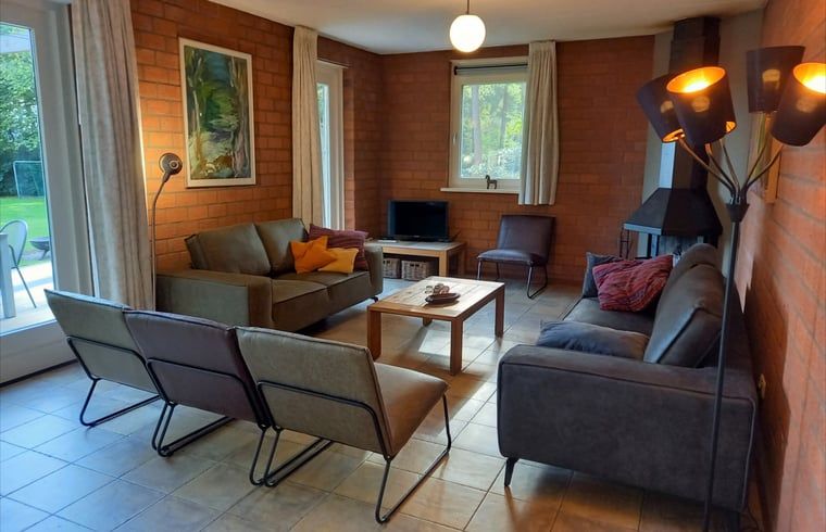 Gezellige woonkamer in Vakantiehuisje in Luyksgestel met comfortabele banken en open haard.