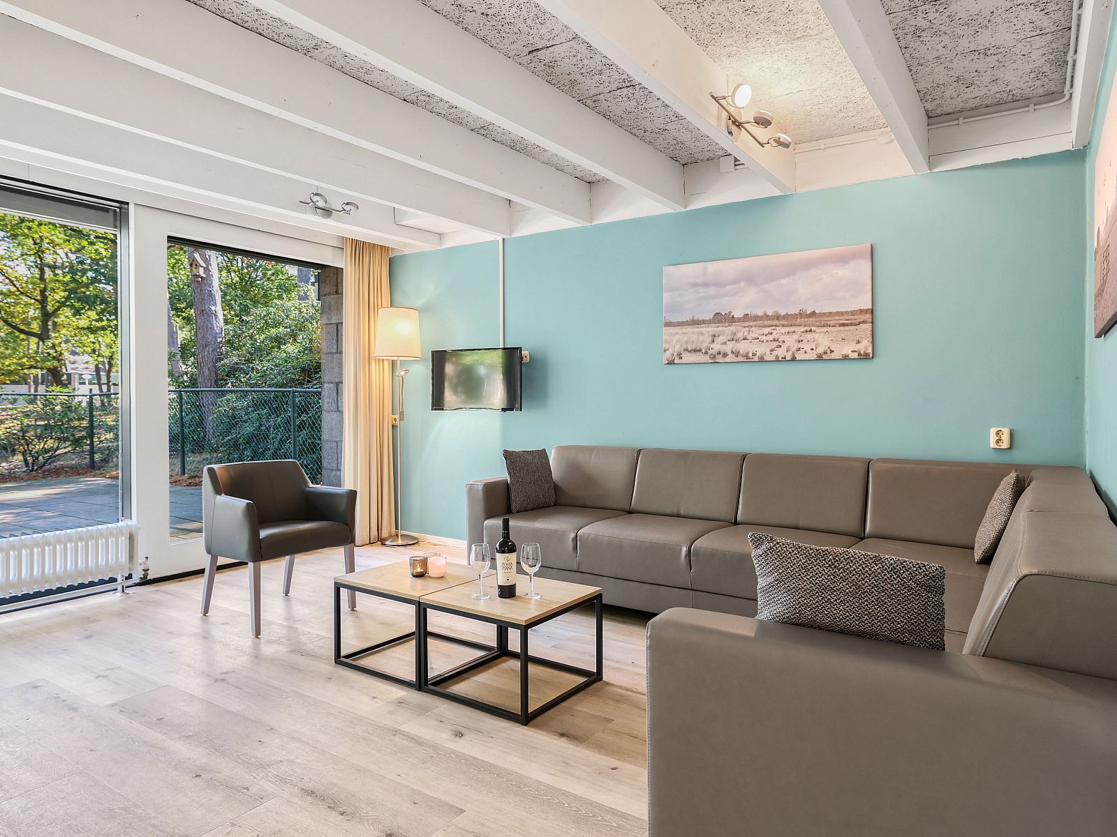 Comfortable sitting area in Het Vennenbos bungalow, ideal for relaxation in Hapert.