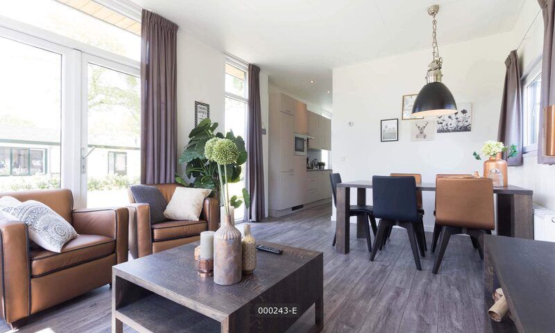 Stilvolles Wohnzimmer im Modul 5 Personen Ferienhaus in Cromvoirt, Nordbrabant, mit moderner Einrichtung und viel natuerlichem Licht.