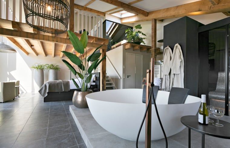 Geraeumiges Schlafzimmer im Ferienhaus in Moergestel, Nordbrabant, mit Holzbalken und bequemem Bett.