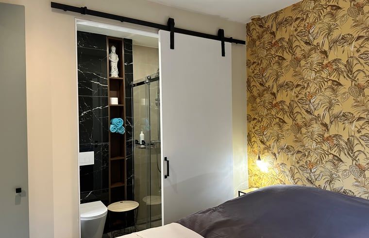 Slaapkamer met ensuite badkamer in Huisje in Moergestel, vakantiehuis in Noord Brabant.