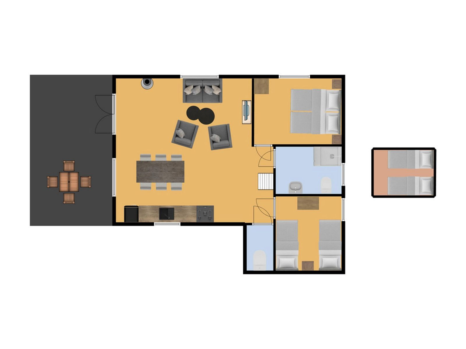 Grundriss von Finnish Lodge Plus in Chaam, Hart van Brabant. Geraeumiges Ferienhaus mit moderner Einrichtung und komfortablen Schlafbereichen.