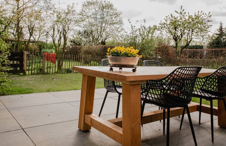 Geniessen Sie die Terrasse des Ferienhauses in Leende, gelegen im Herzen von Brabant, Nordbrabant, mit herrlichem Blick auf die Natur.