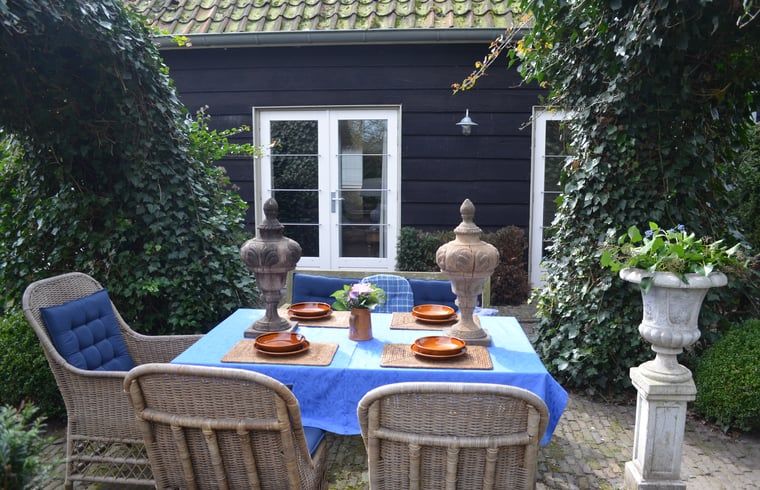 Gezellig terras bij Vakantiehuisje in Sleeuwijk, Noord Brabant, met rustieke eettafel en comfortabele stoelen omringd door groene natuur.