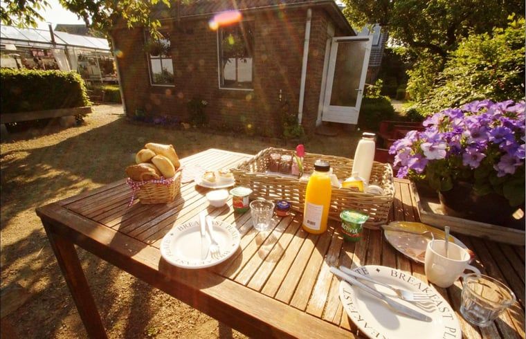 Sunny terrace at Cottage in Hank, vacation home in Heart of Brabant, North Brabant, perfect for a leisurely breakfast.