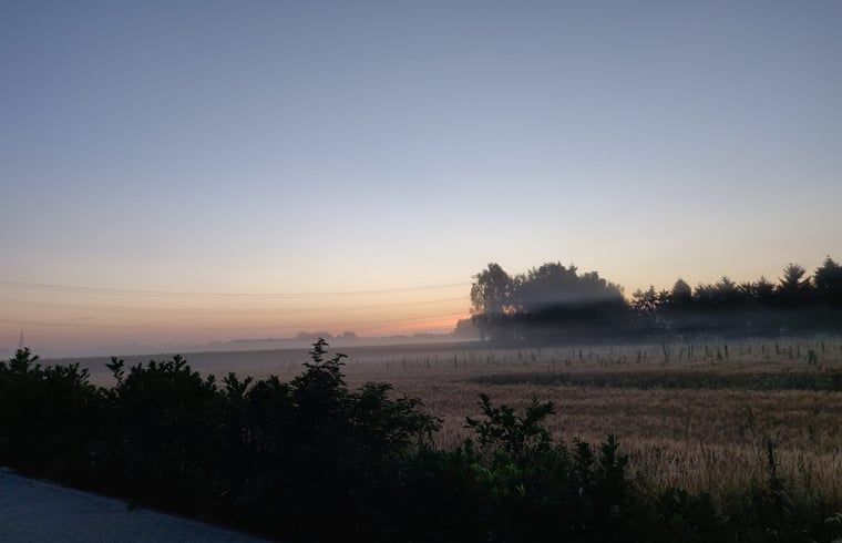 Morgennebel ueber den Feldern beim Ferienhaus in De Moer, Nordbrabant.