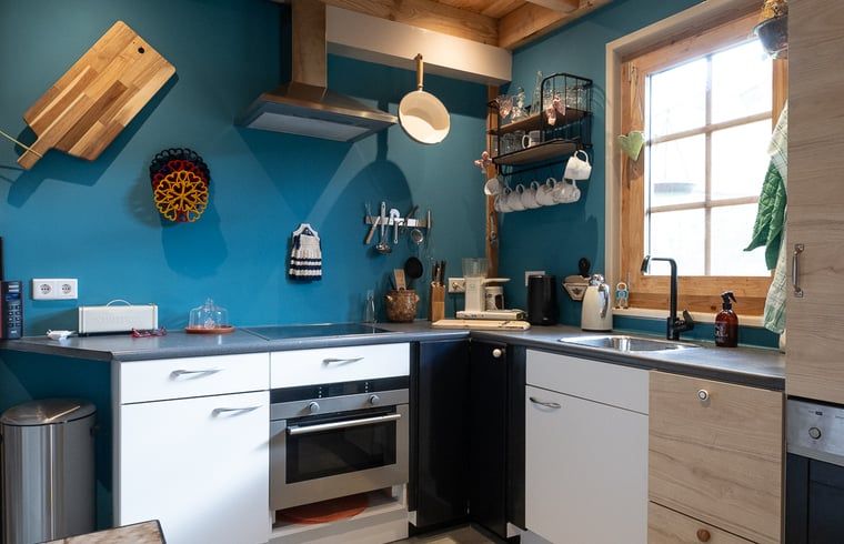 Moderne keuken in Huisje in Best, vakantiehuis in Best, Hart van Brabant, Noord Brabant, met houten accenten.