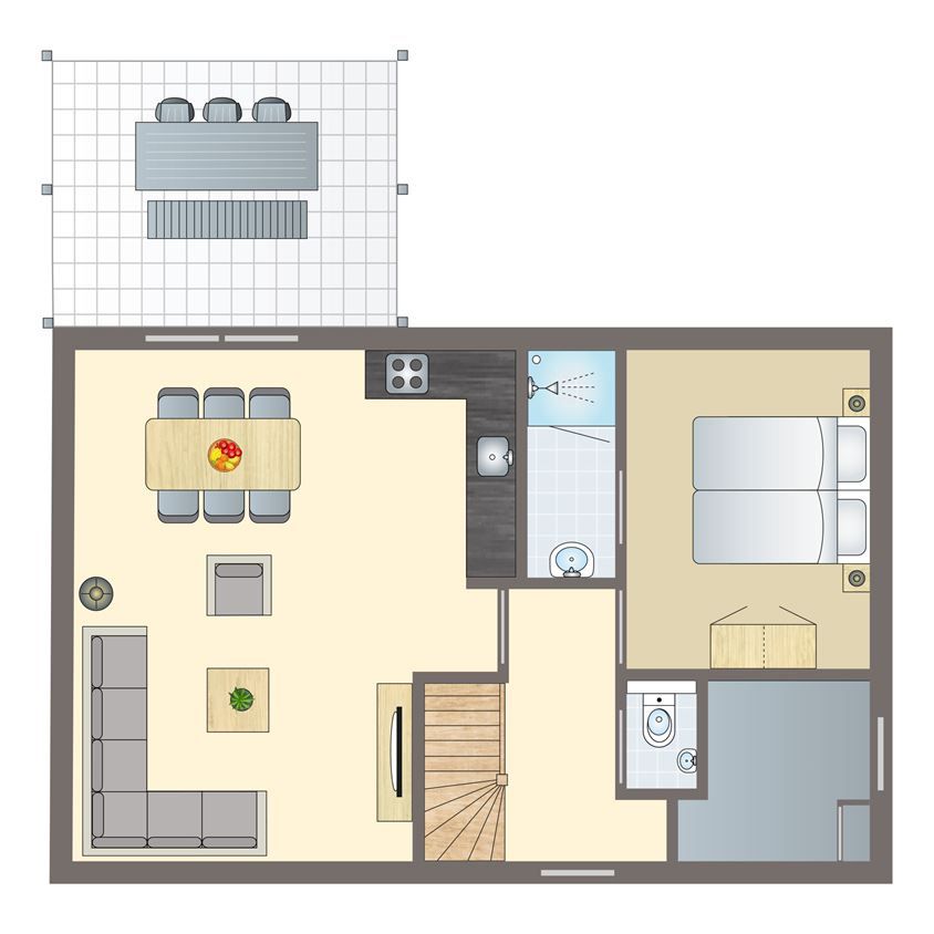 Plattegrond begane grond De Vers 6-persoons kinderbungalow Overloon, met open woonkamer en keuken.