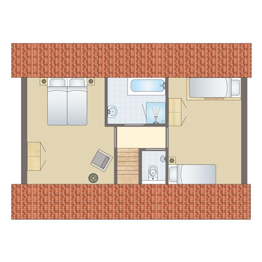 Plattegrond bovenverdieping De Vers kinderbungalow Overloon met slaapkamers en badkamer.