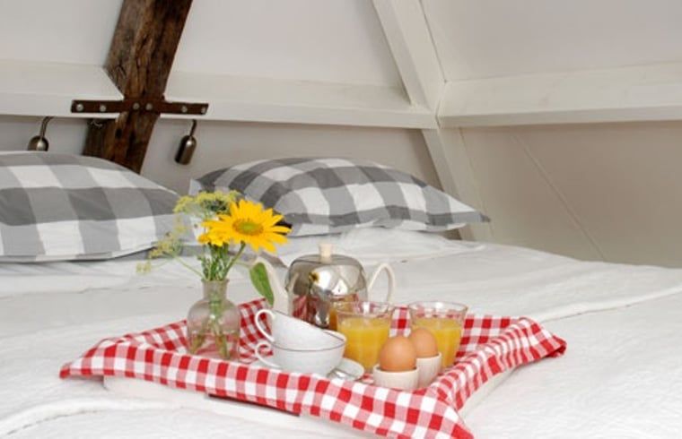 Ontbijt op bed in de slaapkamer van Vakantiehuis in Oeffelt, Noordoost Brabant.