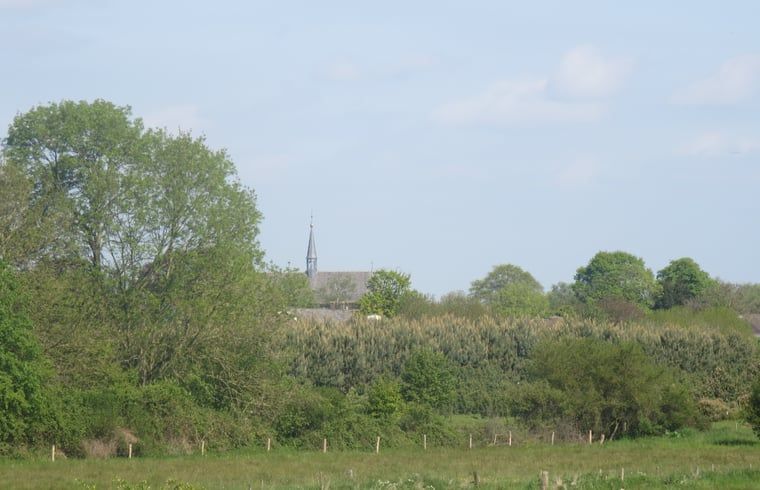 Uitzicht op groene velden en kerktoren bij Vakantiehuis in Oeffelt, Noord Brabant.
