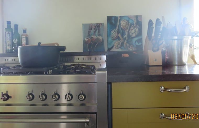 Moderne keuken met fornuis in Vakantiehuis in Oeffelt, Noord Brabant.