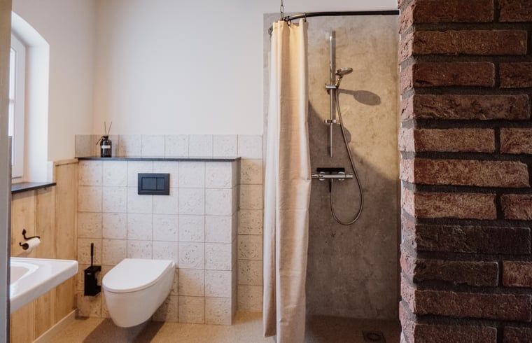 Moderne badkamer in Vakantiehuis in Sint-Oedenrode, Noordoost Brabant, met luxe douche en stijlvolle tegels.