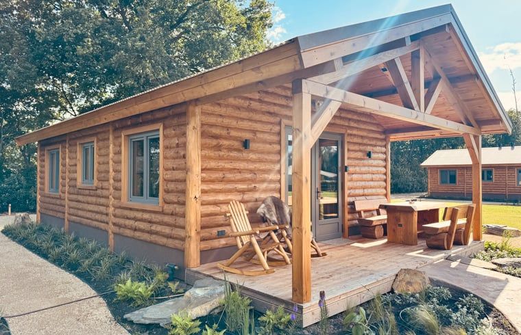 Cozy wooden cottage in Ledeacker Northeast Brabant with porch and seating area, surrounded by nature.