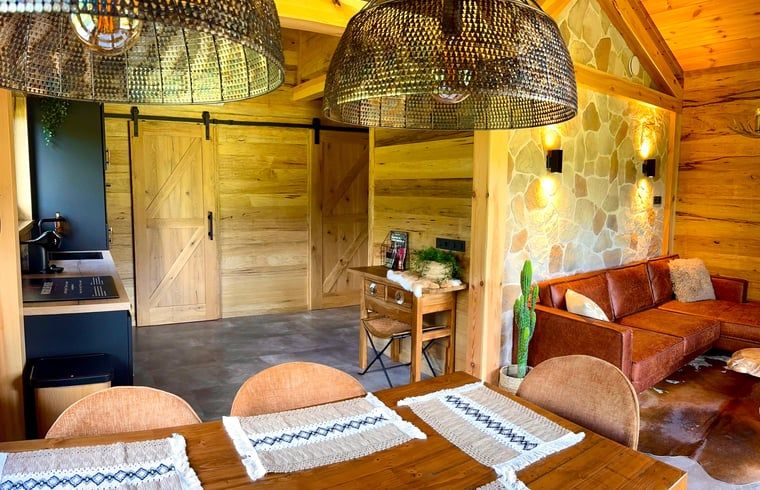 Cozy interior of Holiday Home in Ledeacker, northeast Brabant, with wooden interior and comfortable sitting area.