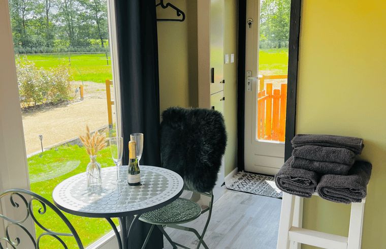 Gezellige binnenruimte van Huisje in Ledeacker, vakantiehuis in Noordoost Brabant, met uitzicht op groene velden en een knus tafeltje.