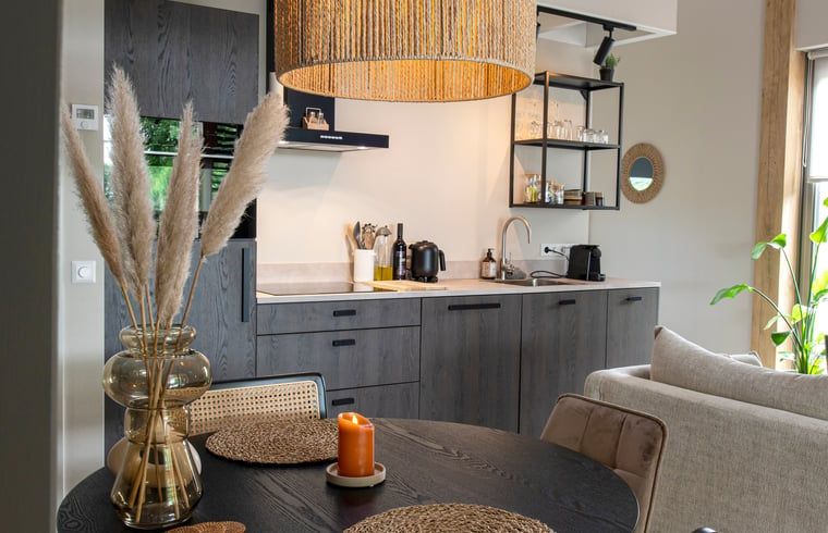 Dining area in Holiday home in Sint Agatha, northeast Brabant with atmospheric lighting.