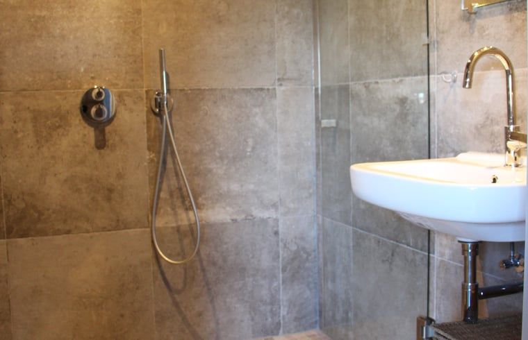 Moderne douche in vakantiehuisje in Breda met stijlvolle afwerking, West Brabant, Noord Brabant.