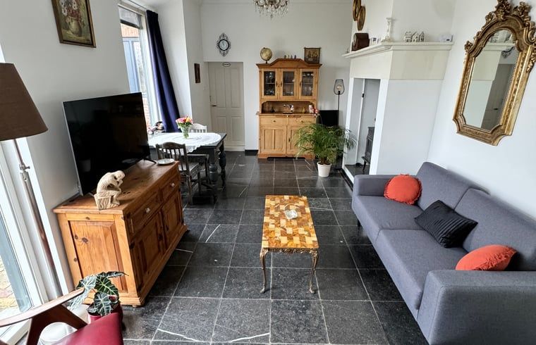 Gezellige woonkamer in Vakantiehuisje in Ossendrecht met antieke meubels.