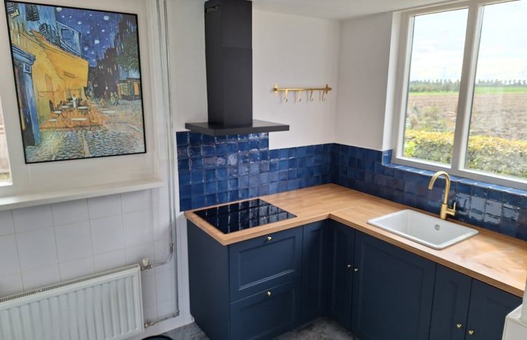 Moderne keuken met kunstwerk in Vakantiehuisje in Ossendrecht.