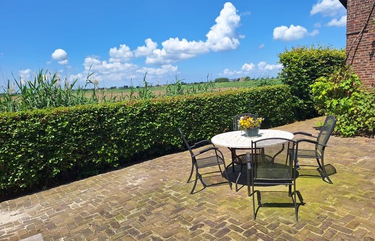 Terras met uitzicht op de natuur bij Vakantiehuisje in Ossendrecht.