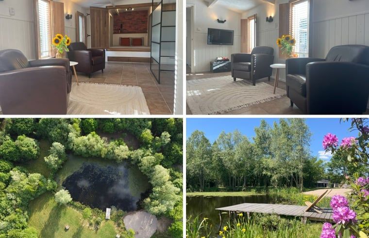 Gemuetliches Wohnzimmer im Cottage in Hoogerheide, Ferienhaus in Westbrabant, Nordbrabant mit bequemen Stuehlen und Sonnenblumen.