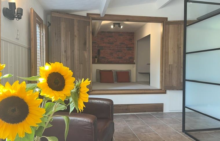 Helles Wohnzimmer im Ferienhaus in Hoogerheide, Nordbrabant, mit Sonnenblumen und Ledersesseln.