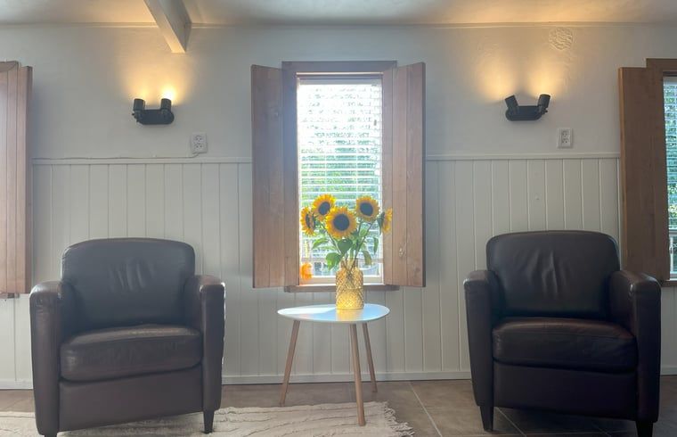 Stilvolle Sitzecke im Cottage in Hoogerheide, Ferienhaus in Hoogerheide, mit Ledersesseln und einem Beistelltisch.