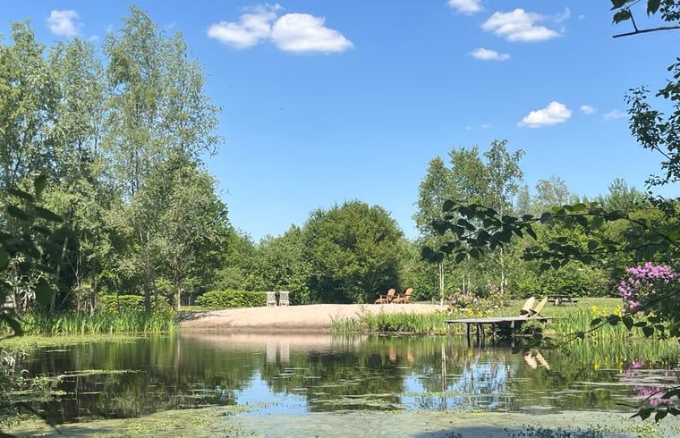 Erholsamer Teich im Ferienhaus in Hoogerheide, Ferienhaus in Westbrabant, umgeben von Natur und Sitzgelegenheiten.