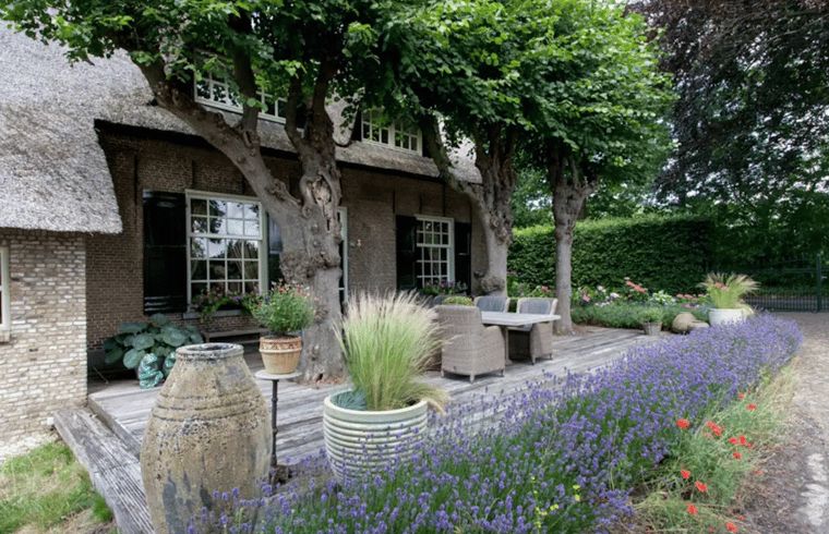 Veranda met levendige bloemen bij vakantiehuis in Roosendaal, West Brabant.