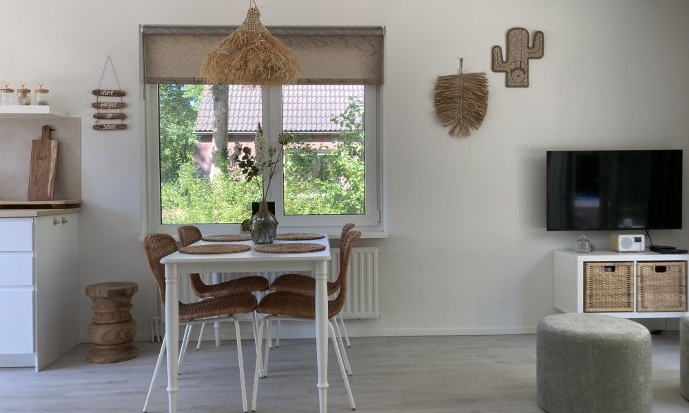 Gezellige binnenruimte van Villa Wellness Retreat in Halderberge, Noord Brabant, met modern interieur en uitzicht op de groene omgeving.