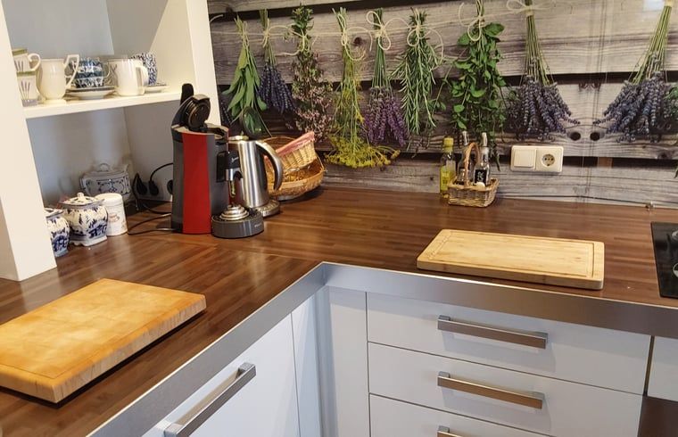 Kuecheninterieur von Huisje in Sprundel, einem Ferienhaus in Nordbrabant mit laendlichem Ambiente.